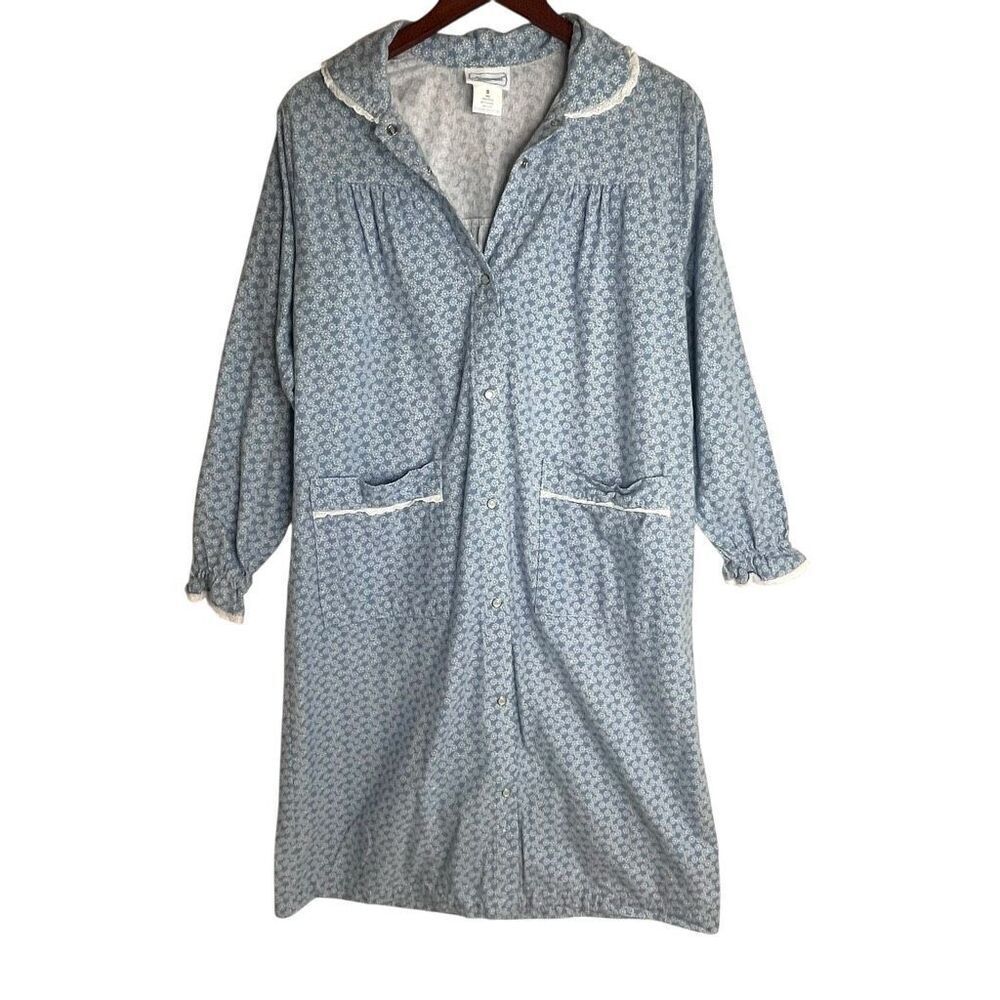 National Womens Eyelet Trim Flannel House Coat Nightgown Blue White Size Small